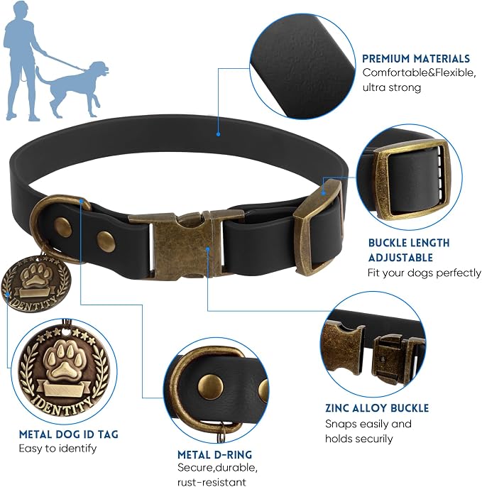 Wisedog Waterproof Dog Collar and Leash Set, M, Black | Adjustable Puppy Collar, Cute Tag, 5FT Leash, Includes Poop Bag, For Small Medium Large Dogs