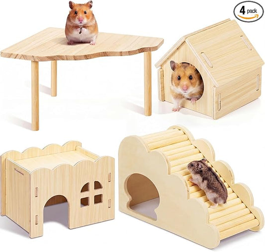 BreezeHug 4 Pcs Hamster Platform Hideout Wooden Tunnel Ladder Playhouse Hamster Game Climbing Toy with Platform Cage Accessories for Pets Dwarf Syrian Mice Degus Gerbils Squirrel(Wave House)