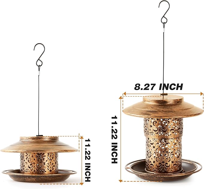 Metal Bird Feeders for Outdoors Hanging, Weather Resistant Wild Bird Feeder with 360 Degree Feeding Tray (Copper)