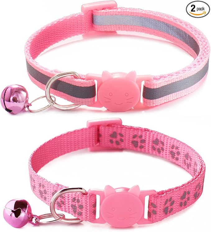Pink Breakaway Cat Collar with Bells, [2 Pack] Break Away Kitten Collar with Bells, Reflective Cat Collar for Girl Cats Kitty
