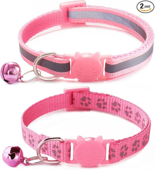 Pink Breakaway Cat Collar with Bells, [2 Pack] Break Away Kitten Collar with Bells, Reflective Cat Collar for Girl Cats Kitty