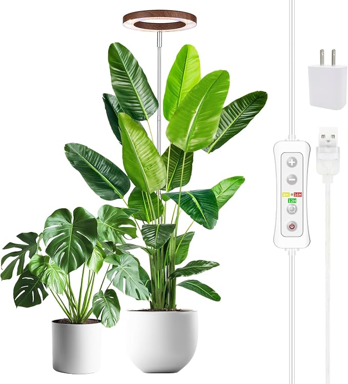 Plant Grow Light, LED Growing Light Full Spectrum for Indoor Plants,Aluminum Walnut Wood Grain Plant Lights,Height Adjustable, Automatic Timer, 5V Low Safe Voltage,Idea for Large
