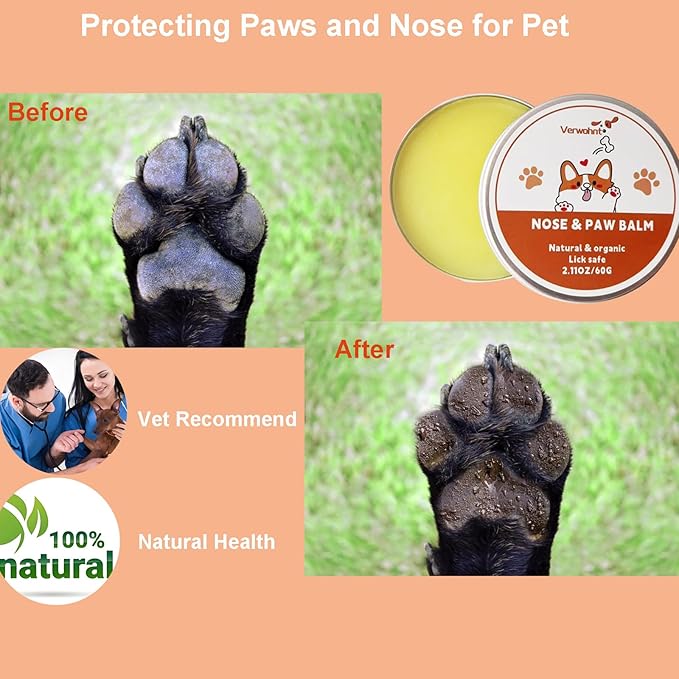 Paw Balm Dogs Lick Safe Dog Nose Balm for Dry Nose, Dog Paw Protector and Healing for Dry, Cracked Feet and Nose, All-Natural Cat Paw Balm Care for Pet's Paws and Nose from Snow, Salt, Sand, Ice 2 oz
