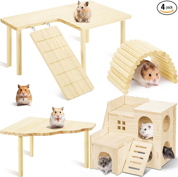 BreezeHug 4 Pcs Hamster Platform Hideout Wooden Tunnel Ladder Playhouse Hamster Game Climbing Toy with Platform Cage Accessories for Pets Dwarf Syrian Mice Degus Gerbils Squirrel(Loft)