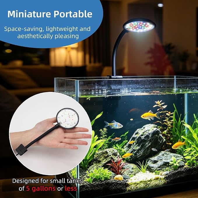 Clip on Aquarium Light Mini Fish Tank Light USB Moving Lamp with Dimmable 3 Modes for 1 to 5 Gallon Nano Tanks