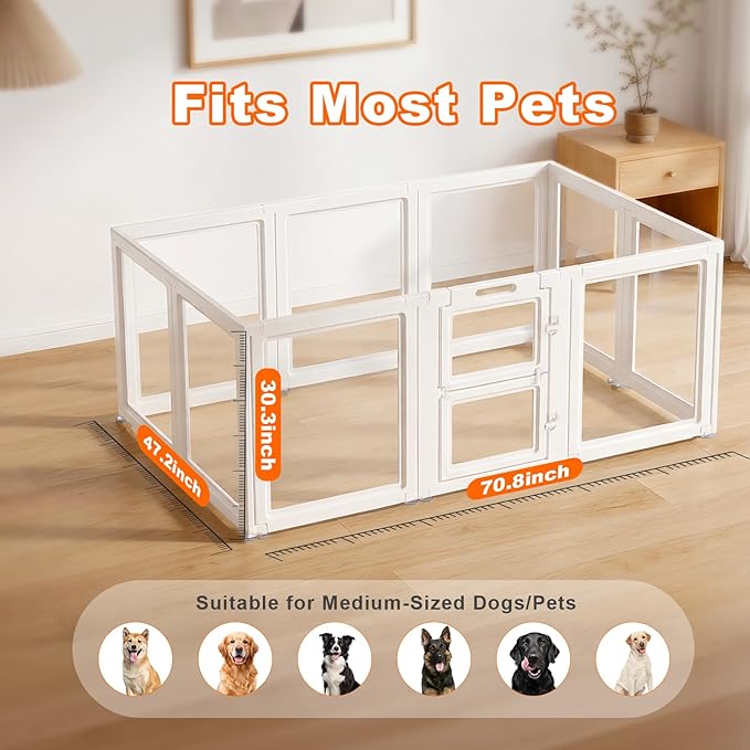 Acrylic Dog Playpen,Clear Plastic Dog Play Pen Indoors,Easy Assemble Dog Playpen-Puppy Playpen,Rabbit and Cat, Small Pet Pen, Dog Pen Indoor (White, 30.3" H, 10PCS)