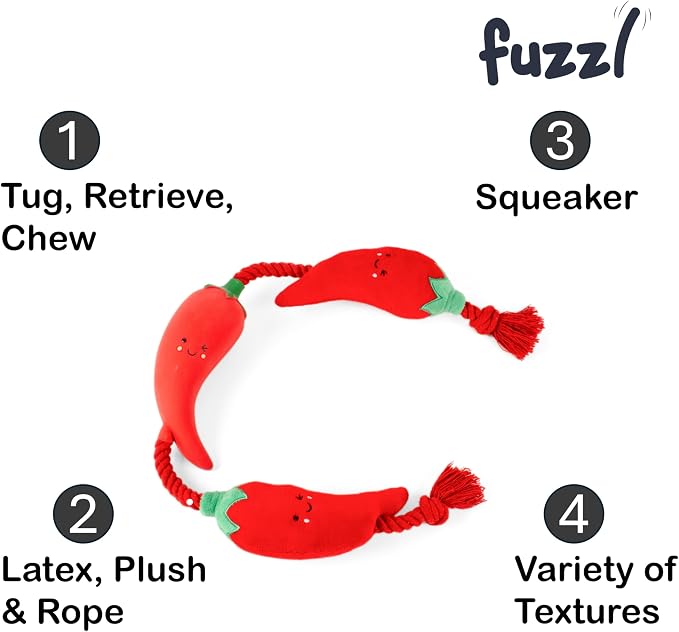 Fuzzl Tugga Chilis Dog Toy 75cm - Rope Latex and Plush Dog and Puppy Throw Fetch and Tug with Squeaker