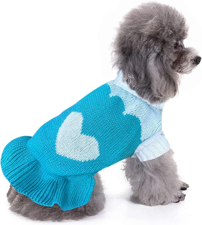 CHBORCHICEN Pet Dog Sweaters Classic Knitwear Turtleneck Winter Warm Puppy Clothing Cute Strawberry and Heart Doggie Sweater (XS, Dress-Sky Blue)