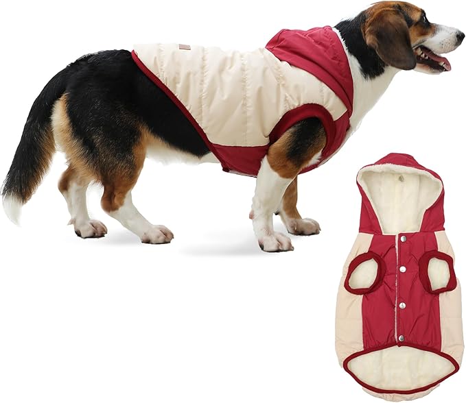 Vecomfy Fleece Lining Extra Warm Dog Hoodie in Winter for Large Dogs Jacket Pet Coats with Hooded,Beige and Red XL