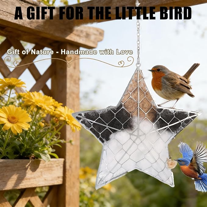 Handmade Fiber Bird's Nest Star Shape,Bird Nesting Material Holder,Spring Tree Shelter for Wild Bird,Garden Art Birdhouse,Include Bird Nesting Material,Suitable for Garden Decoration and Bird Nesting