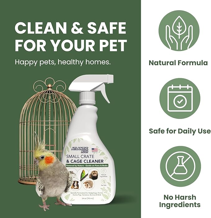 Atlantic Rush Small Animal Cage Cleaner Spray- 24oz Bottle Cage and Crate Cleaner for Guinea Pig, Hamster, Rabbit, Ferret, & Birds- Cage Cleaning Supplies Odor Eliminator