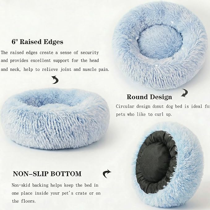 Calming Donut Dogs Beds for Small Dogs Washable,19inch Fluffy Round Puppy Bed for Puppies,Cats & Toy Breeds with Raised Rim,Fits up to 15 lbs Pets,Gradient Blue