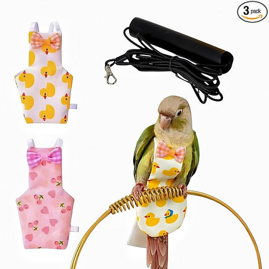 2 Pcs Bird Diapers Bird Harness Flight Suits Diapers with 80 Inch Flying Leash Reusable Parrot Nappy with Waterproof Inner Layer for Cockatiel Budgie Conure Parakeet Lovebird-Heart&Duck