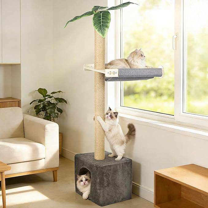 XiaZ Cat Window Perch with Tall Scratching Post, 58" Cats Window Hammock with Cat Condo, Multi-Level Cats Scratching Post for Climbing, Sleeping & Watching Birds