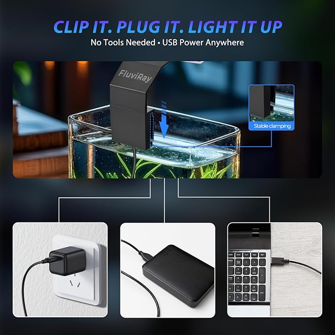 Mini Clip-On Aquarium Light 7W USB Dimmable Fish Tank Lamp with 3 Light Modes (Full Spectrum/White/RGB), 9-Level Brightness, Compact LED Light for 1–3 Gallon Aquariums (Adapter Not Included)