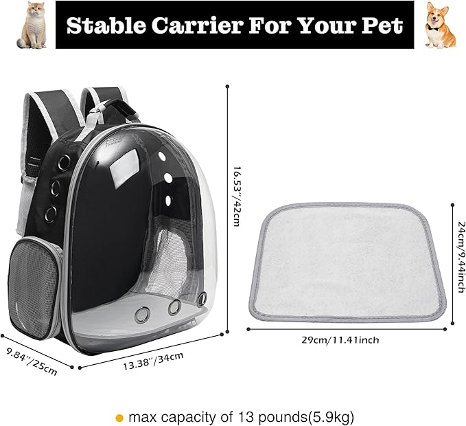 Vivicreate Large Cat Backpack Carrier for Travel and Hiking Transparent Pet Bubble Backpack for Cats up to 20lbs with Ventilation and Padded Straps Mochila para Gatos transportadora mascotas (Black)