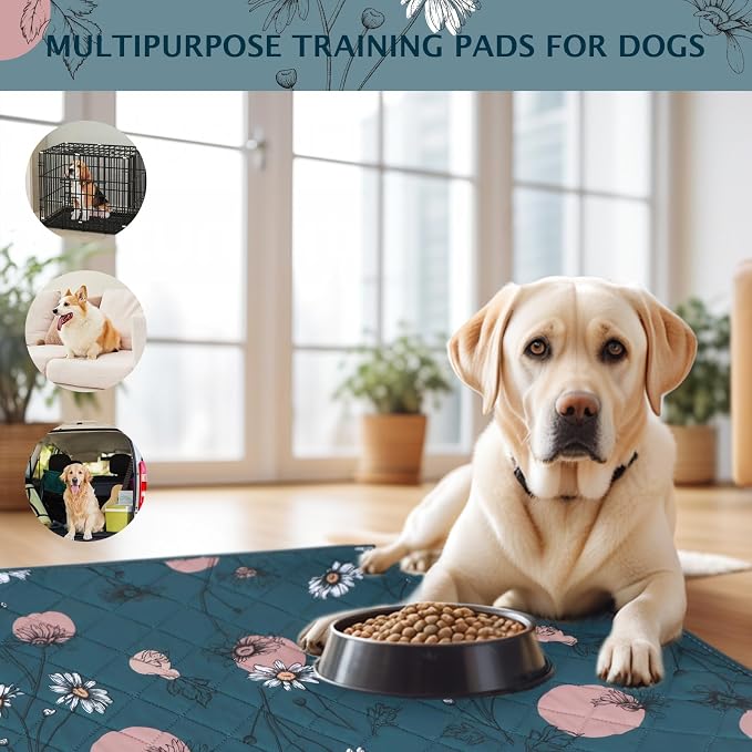 IEUUMLER Washable Pee Pads for Dogs, 2 Pack Non-Slip & Waterproof Pack Whelping Pad, Reusable Washable Puppy Potty Training Pad with Fast Absorbent for Playpen EU007 (Navy Blue Daisy, 36"X24"-2pcs)