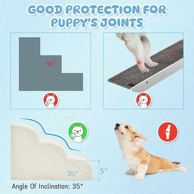 Mesa Lemon Dog Steps for Small Dogs, 3-Step Pet Ramp Stairs for High Beds and Sofa, Non-Slip Pet Stairs for Small Dogs and Cats, Removable and Easy to Clean Cover, Beige