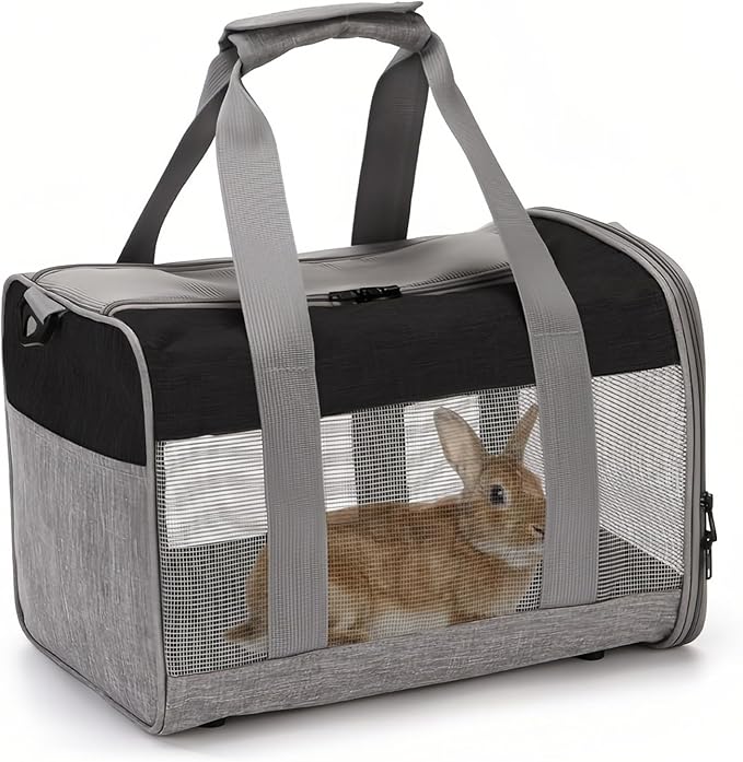 PINVNBY Bunny Carrier for Travel Camping Outdoor, Small Pet Carrier, Guinea Pig Carrier, Breathable Pet Portable Hand Bag for Hamster Rabbit Guinea Pig（Black & Gray）