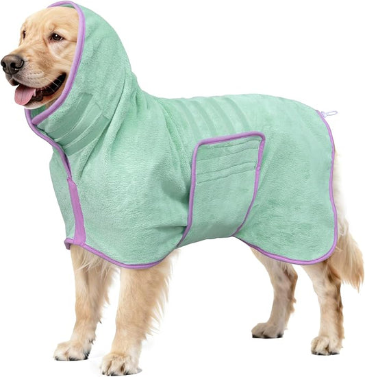 Soft Dog Bathrobe Fast Drying Dog Coat, Super Absorbent Dog Towels for After Bath, Microfiber Pet Robe Adjustable Collar & Belly Warm Keeping Dogs Coat for Pet Dogs & Cats (Green, Medium)