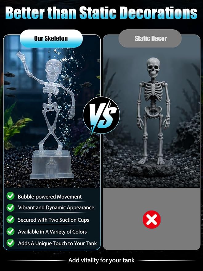 Dancing Skeleton Aquarium Bubbler, Halloween Fish Tank Decor(Clear) | Adjustable airflow with 1m hose & valve. Safe resin, for freshwater/saltwater tanks. Air pump not included.