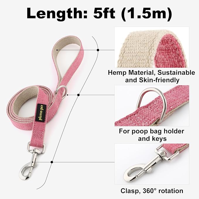 Plutus Pet Cotton Hemp Dog Collar and Leash Set, Adjustable Collar for Small, Medium, and Large Dogs, Heavy Duty and Soft on Skin, Hot Pink, XS