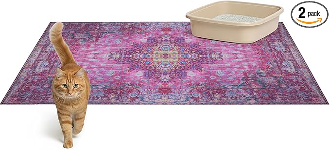 Lovewag Pets Cat Litter Mat 2 Pack - Large 36x48 Machine Washable Easy Clean Non-Slip Waterproof Litter Management Mats for Cats - Mystic Fuchsia