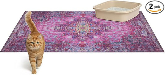 Lovewag Pets Cat Litter Mat 2 Pack - Large 36x48 Machine Washable Easy Clean Non-Slip Waterproof Litter Management Mats for Cats - Mystic Fuchsia