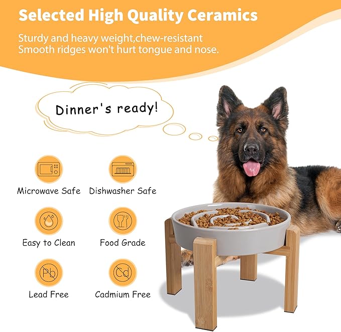 Elevated Slow Feeder Dog Bowl Large Breed, 8.8 Inch Ceramic Slow Eating Bowl with Bamboo Stand, Anti-Choking Raised Maze Design for Medium to Large Dogs, 3.2 Cup, Grey