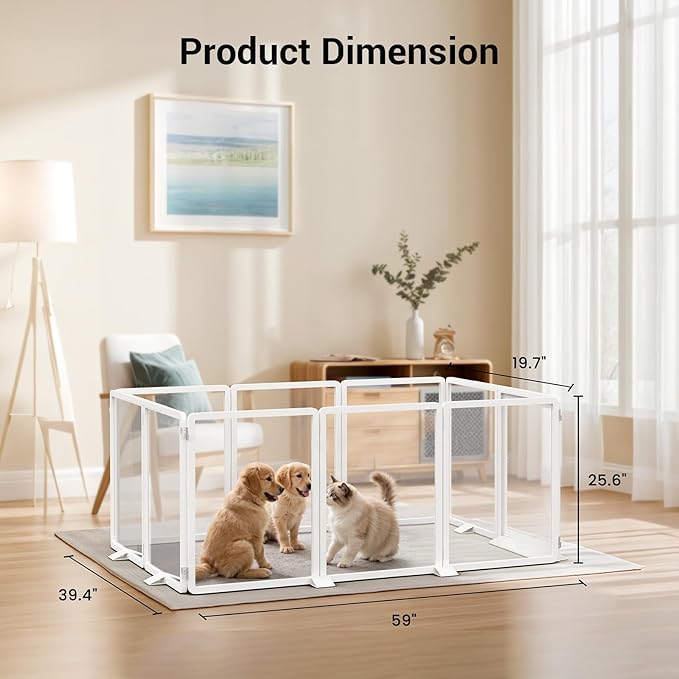 Clear Acrylic Pet Playpen, 25.6" H Transparent Dog Fence with Support Feet, Sturdy & Stylish Indoor Enclosure for Puppy, Cat, Rabbit, Easy to Assemble & Clean