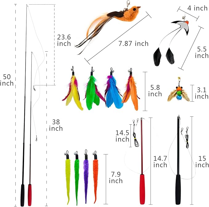 miwoowim Interactive Cat Wand Toy Set – 2 Retractable Wands (37" & 49") with 11 Refills Attachments – Feather Toys, Plush Bird, Worms, Insect & Swallow – Cat Teaser Toys for Indoor Cats & Kittens