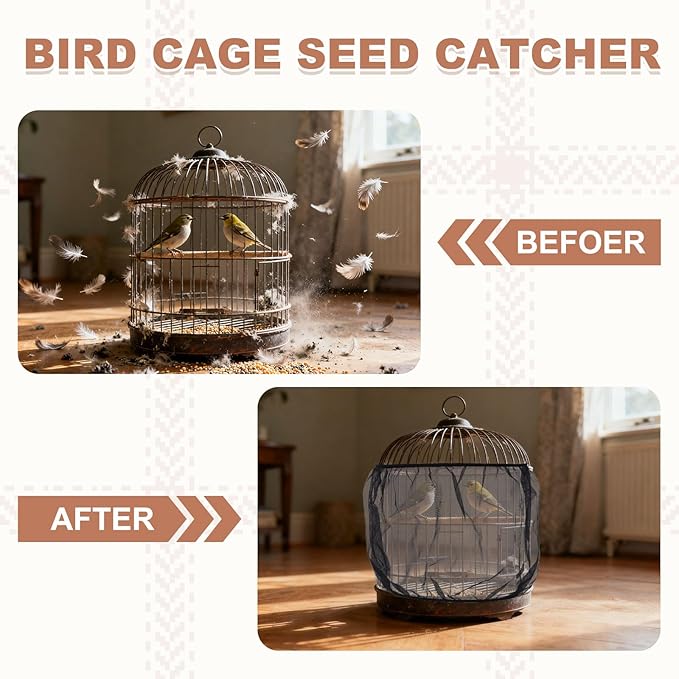 Bird Cage Seed Catcher, Bird Cage Net Cover Seeds Guard, Universal Birdcage Accessories, Black/White, Circumference 55.1"-70.9", Height 11.8" for Parrot Cockatiel Enclosures