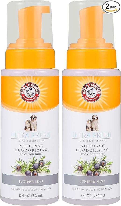 Arm & Hammer for Pets Ultra Fresh Dog Deodorizing Foam,Juniper Mist Scent - No Rinse Waterless Dog Shampoo for Smelly Dogs,Pet Deodorizer,Bathing Supplies,8 Fl Oz,(Pack of 2)