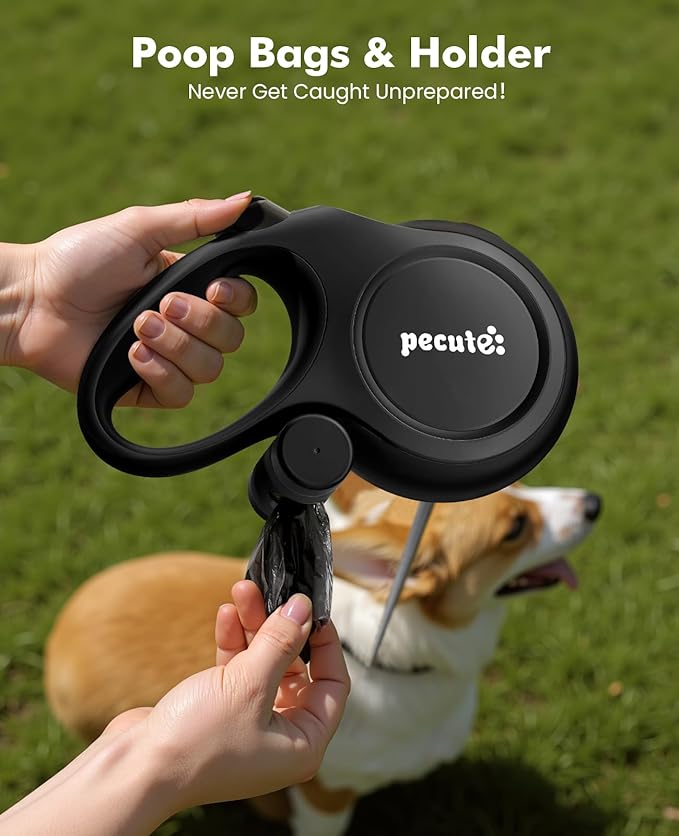 Pecute 26ft Retractable Dog Leash, Heavy Duty Retractable Pet Leash with Poop Bag Holder, Anti-Slip Soft Grip, Reflective Dog Leashes for Medium Dogs Large Dogs 33lbs-110lbs(Black)