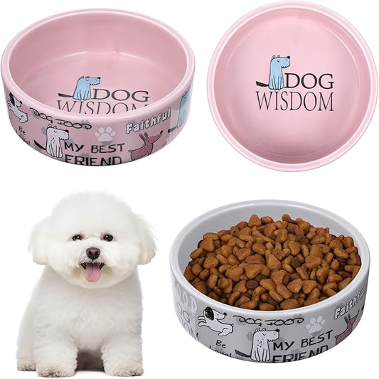 2 Pcs 5 Inch Ceramic Dog Bowls Dishes for Small Dogs Cute Cartoon Pattern Puppy Cat Bowls Heavy Food Water Dishes for Pets Feeding Travel, Dishwasher Safe Microwave Safe(Pink and Gray)