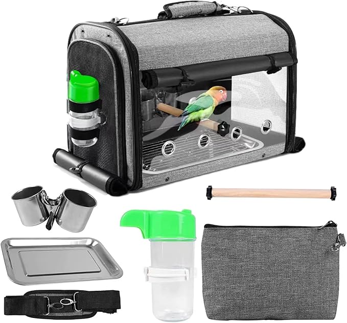 Bird Carrier Bag with Stand, Lightweight Backpack for Parrot, Portable Cockatiel Travel Cage with Accessories, Pet Transparent Breathable Carrier