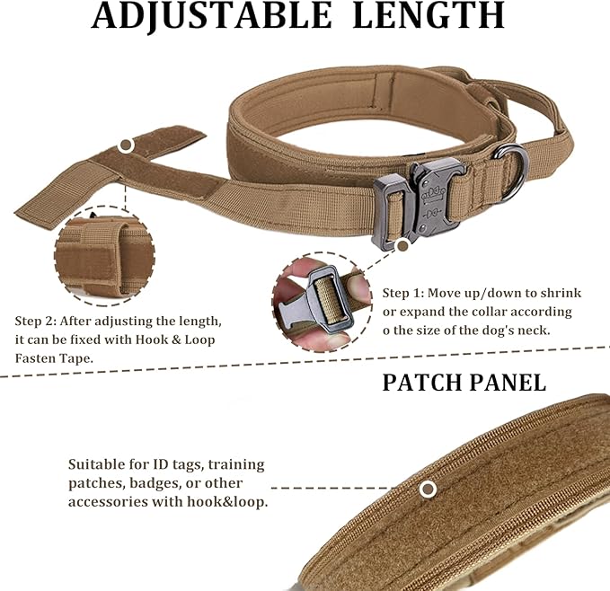 Tactical Dog Collar with Handle - Military Adjustable Dog Training Collar Soft Nylon and Heavy Duty Metal Buckle for Medium Large Dogs - with Patch (Brown, X-Large)