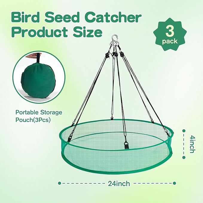 3PCS Bird Seed Catcher Tray 24 Inch Bird Seed Catcher Hanging Hoop Platform for Bird Feeders Includes S-Hooks, Adjustable Ropes & Portable Storage Pouch