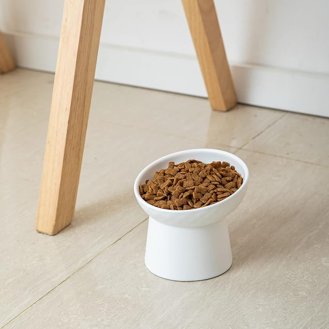 4 Pcs Small Ceramic Raised Cat Bowls, Tilted Elevated Food or Water Bowls, Stress Free, Backflow Prevention, Dishwasher and Microwave Safe, Lead & Cadmium Free(2pc Black + 2pc White)