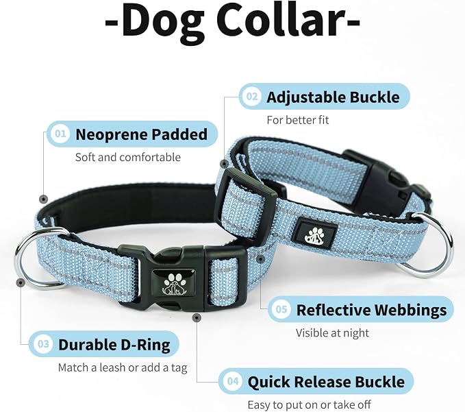 IVY&LANE 2 Pack Reflective Dog Collars and Leashs Set,Adjustable Neoprene Padded Dog Collar for Puppy, Breathable Nylon Pet Collar for Small Medium Large Dogs(Medium,Blue+Pink)