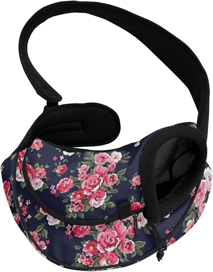 FUSURIRE Pink Flower Printed Pet Sling Carrier for Small Dogs and Cats,Floral Puppy Carrier Front Backpack with Adjustable Strap Breathable Travel Bag Mesh Outdoor Dog Carrier Front Pack