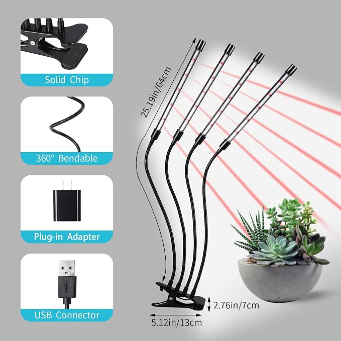 Hywyimlait Black Clip Grow Lights for Indoor Plants, 168 Full Spectrum LEDs Clip Plant Growing Lamps with Flexible Gooseneck and 4/8/12/18H Timer, 3 Spectral Modes, 10 Dimmable Levels (4 Head 1 Pack)
