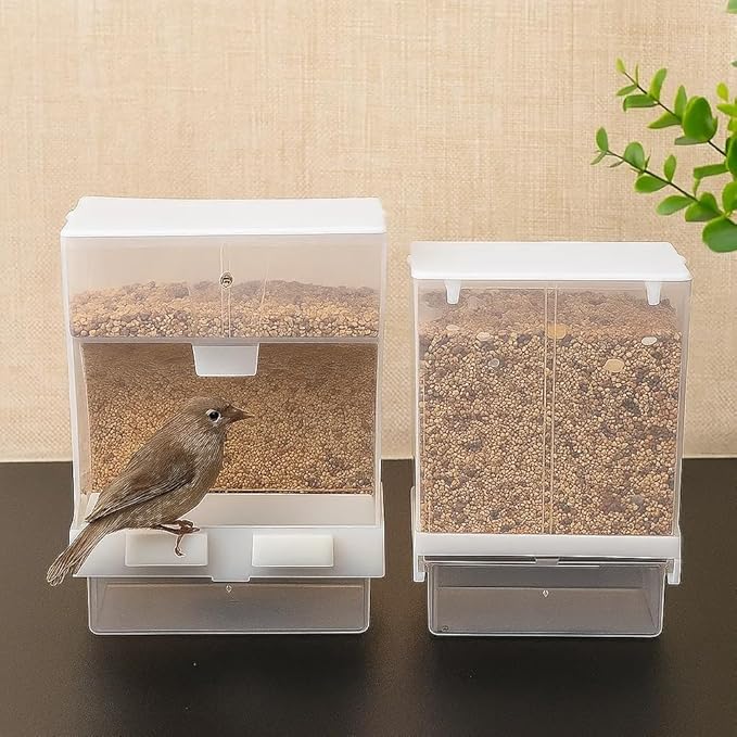 Old Tjikko No Mess Bird Feeder for Cage, Automatic Acrylic Seed Container with Large Hook, Install-Free Parrot Feeder for Budgerigar, Canary, Cockatiel, Parakeet, Finch