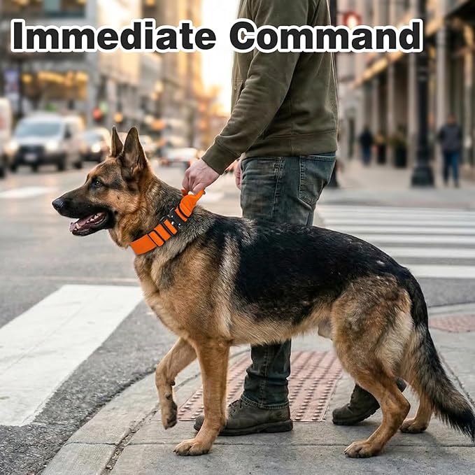 Joytale Tactical Dog Collar for Medium Dogs with Control Handle, Heavy Duty Military Training Collar for Power Breeds, AirTag Holder Case, Quick Release Metal Buckle, Soft Padded, M, Orange