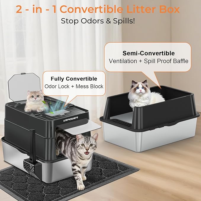 URPOWER Stainless Steel Cat Litter Box with Flip-Top Lid Extra Large Enclosed Litter Box Non-Sticky Metal Pan with High Sided & Scoop, Odor Free, Front & Top Entry, Anti-Leakage, Easy Cleaning