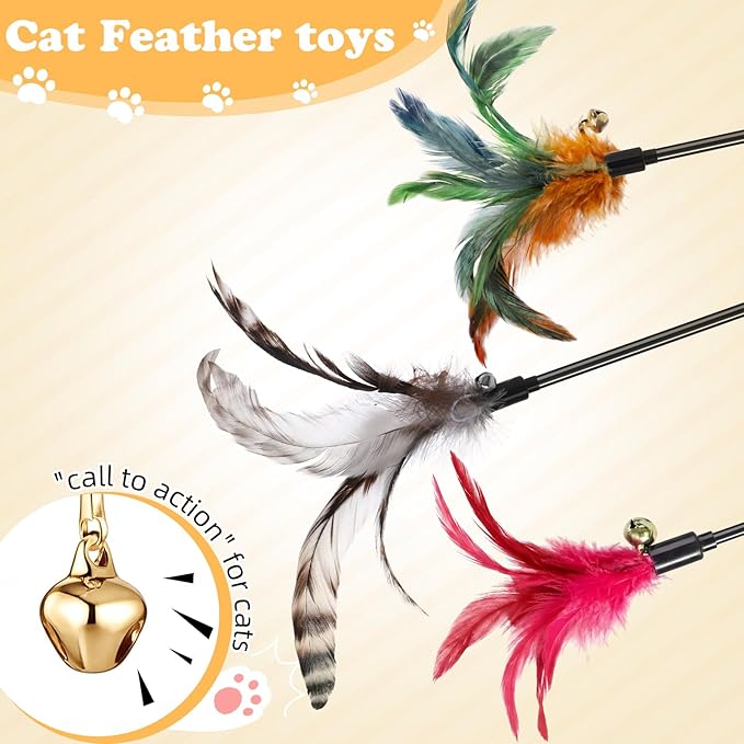 Leitee 50 Pcs Cat Wand Toy Feather Stick Cat Toy Bulk Feather Toys and Teaser Wand Bulk Interactive Stick for Indoor (Mixed Color)