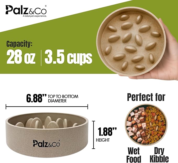 Palz&Co EcoBowl Slow Feeder for Dogs & Cats, 28 oz Beige - Natural Bamboo Puzzle Pet Bowl with Non-Slip Base for Slower Eating & Better Digestion, Dishwasher Safe