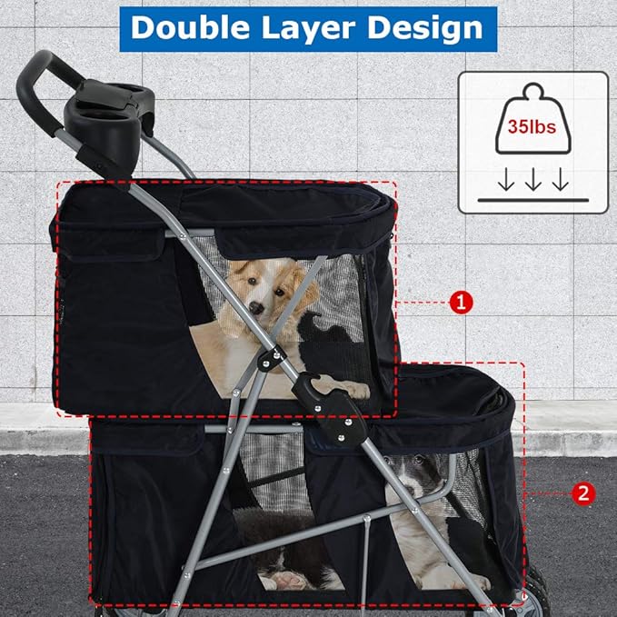Dog Stroller Cat Pet Carriers for Small Medium Dogs Cats Travel Camping 4 Wheels Lightweight Folding Crate Stroller with Soft Pad (Black)