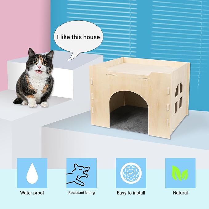 Bifeaw Guinea Pig Hideout, Natural Wooden Chew Proof Hideaway Hut for Small Pets (Cat)