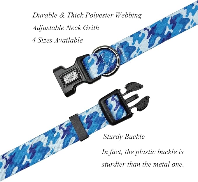 Dog Collar Leash Set, Camouflage Pattern, Polyester Material, Adjustable Collar and 5ft Matching Leash, for Medium Dogs.(M, Blue Camo)